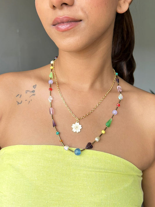 Assorted Beads Layered Necklace With Sakura Charm