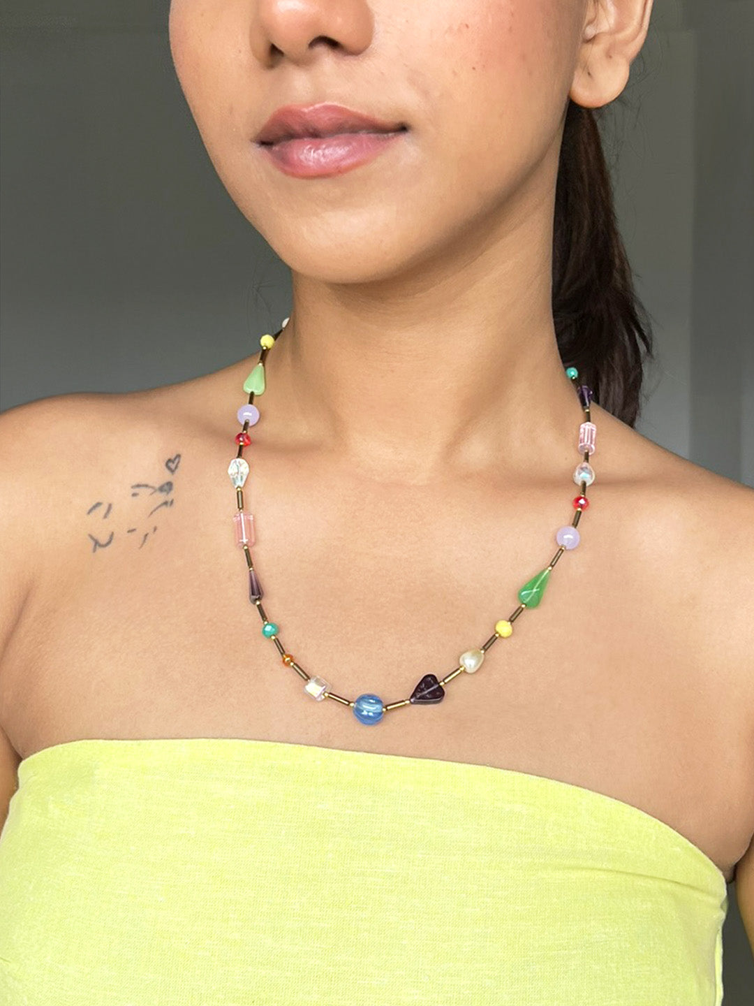 Assorted Beads Layered Necklace With Sakura Charm
