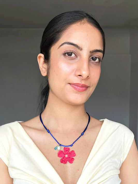 Red Flower Pendant Cord Necklace