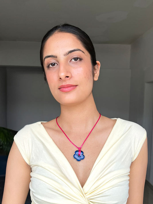 Blue Flower Pendant Cord Necklace