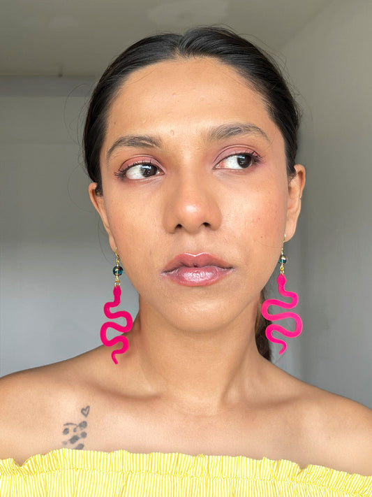 Vibrant Magenta Wavy Snake Earrings