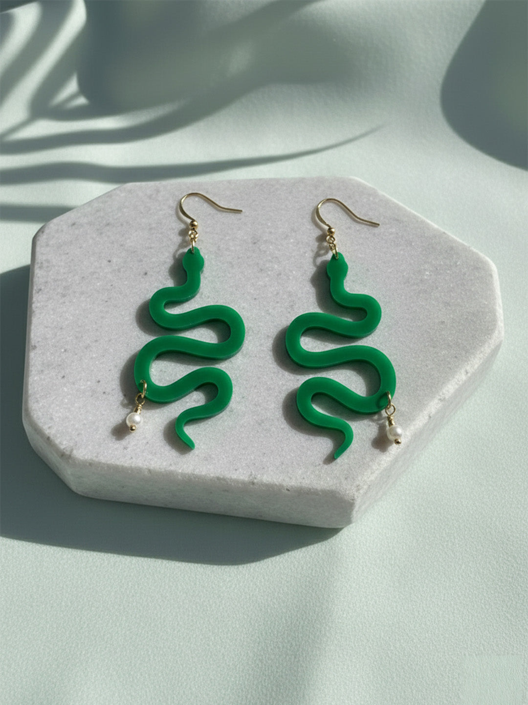 Green Wavy Snake Pearl Earrings