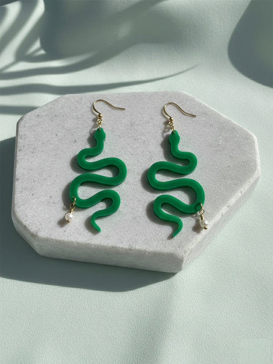Green Wavy Snake Pearl Earrings