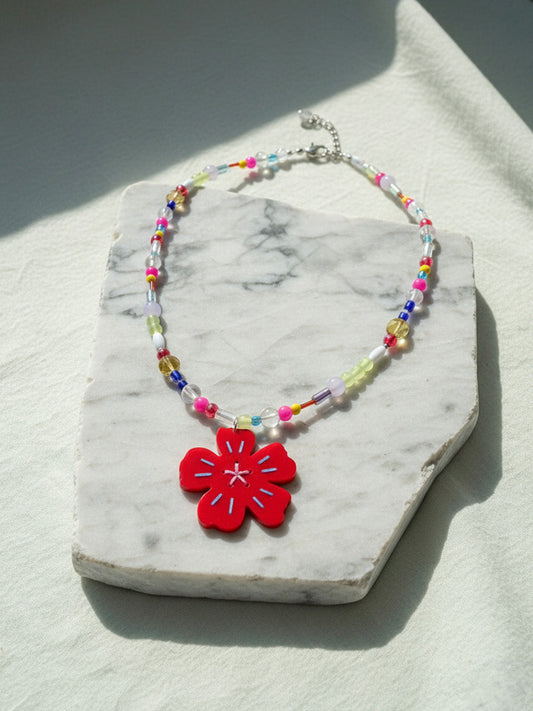 Flower Pendant Multicolour Beaded Necklace