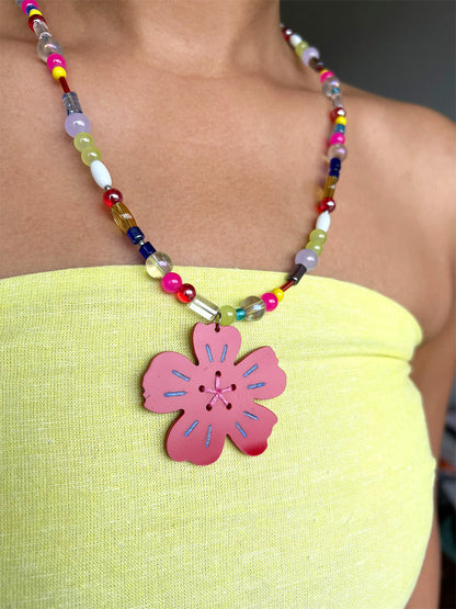 Flower Pendant Multicolour Beaded Necklace
