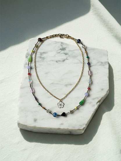Assorted Beads Layered Necklace With Sakura Charm
