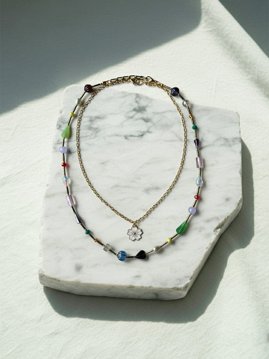 Assorted Beads Layered Necklace With Sakura Charm
