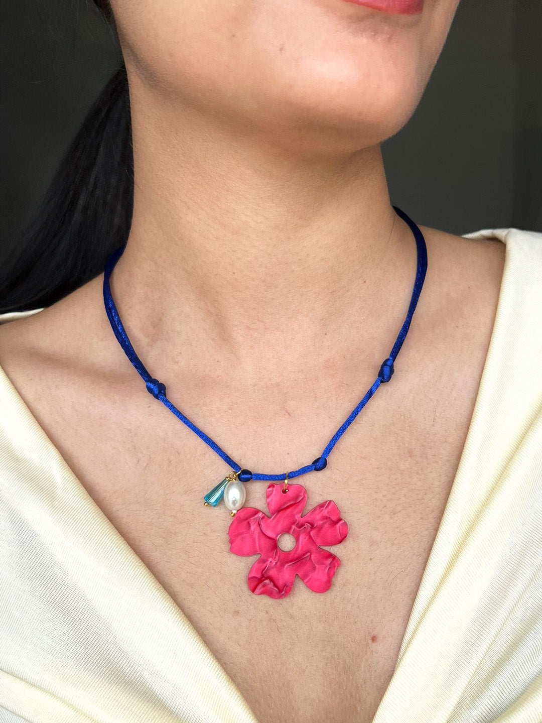 Red Flower Pendant Cord Necklace
