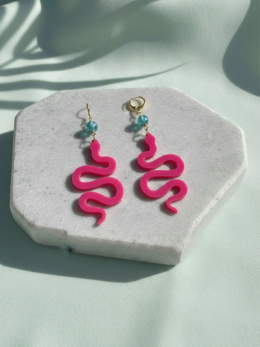 Vibrant Magenta Wavy Snake Earrings