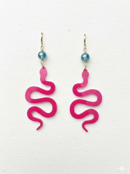 Vibrant Magenta Wavy Snake Earrings