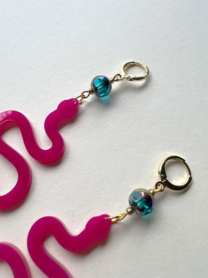 Vibrant Magenta Wavy Snake Earrings